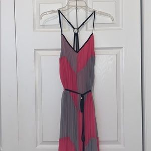 Pink and gray color block maxi dress w/navy straps
